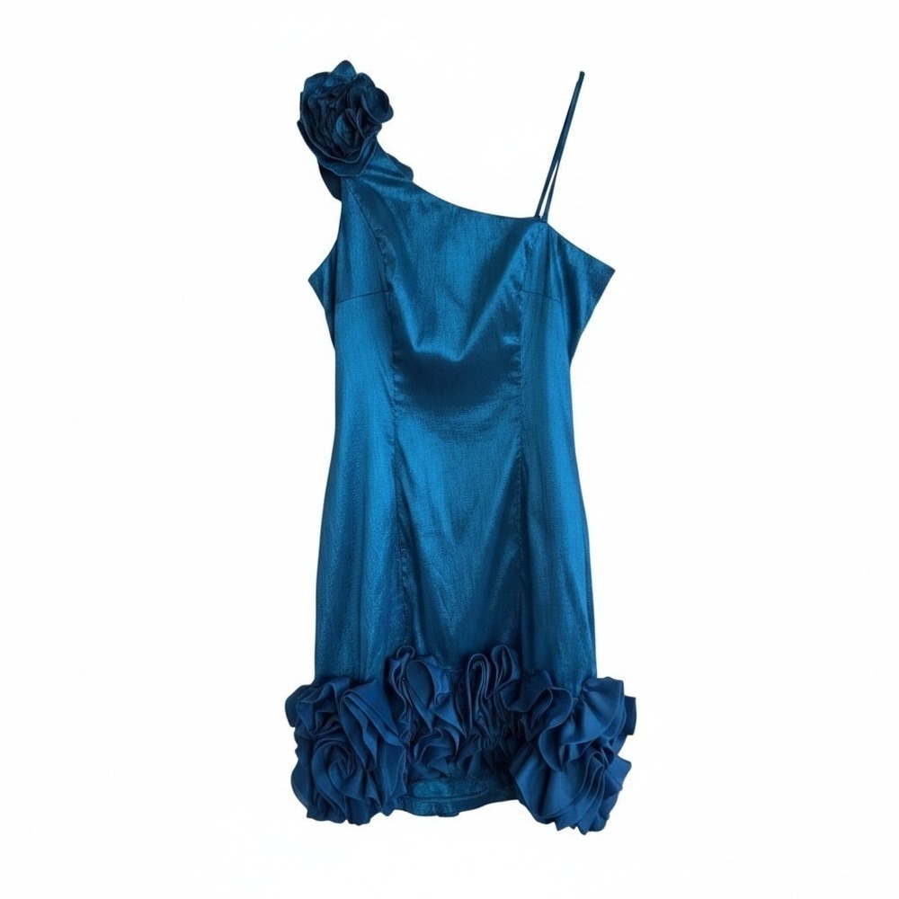 Romeo & Juliet Couture Teal One Shoulder Rosette Ruffle Mini Dress Size L